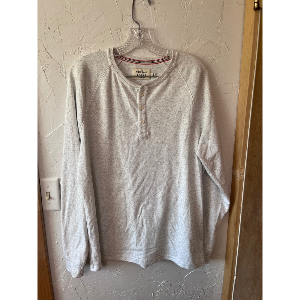 The Normal Brand Mens Long Sleeve Henley Shirt Heather Gray Bear Logo Large